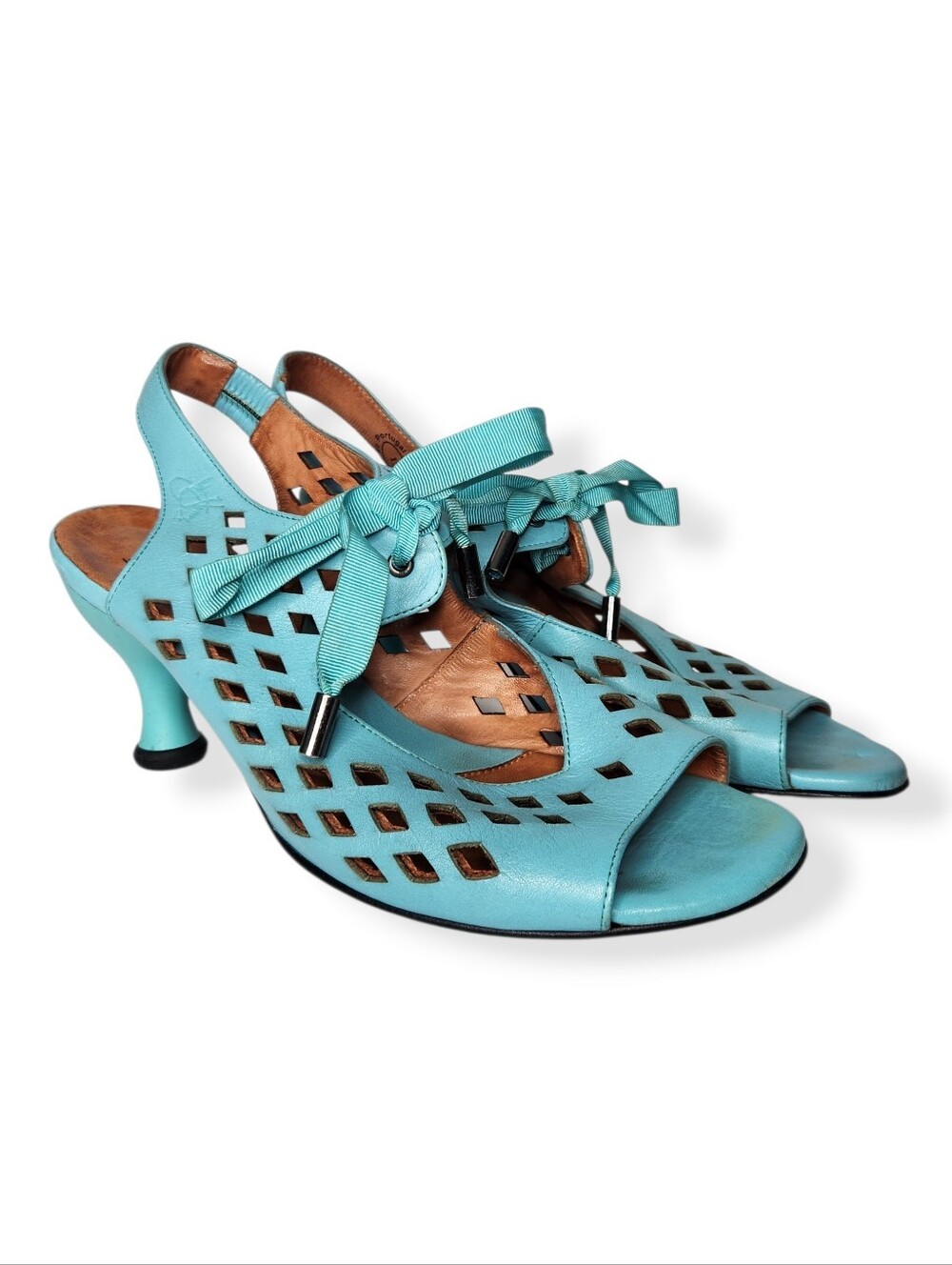 John Fleuvog Blue Open-Toe Kitten Heel Slingback Sandals with Ribbon Tie Size 11